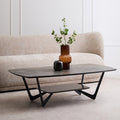Grey Marble Effect Ceramic Top Coffee Table with Black Metal Legs and Lower Shelf | Imperia