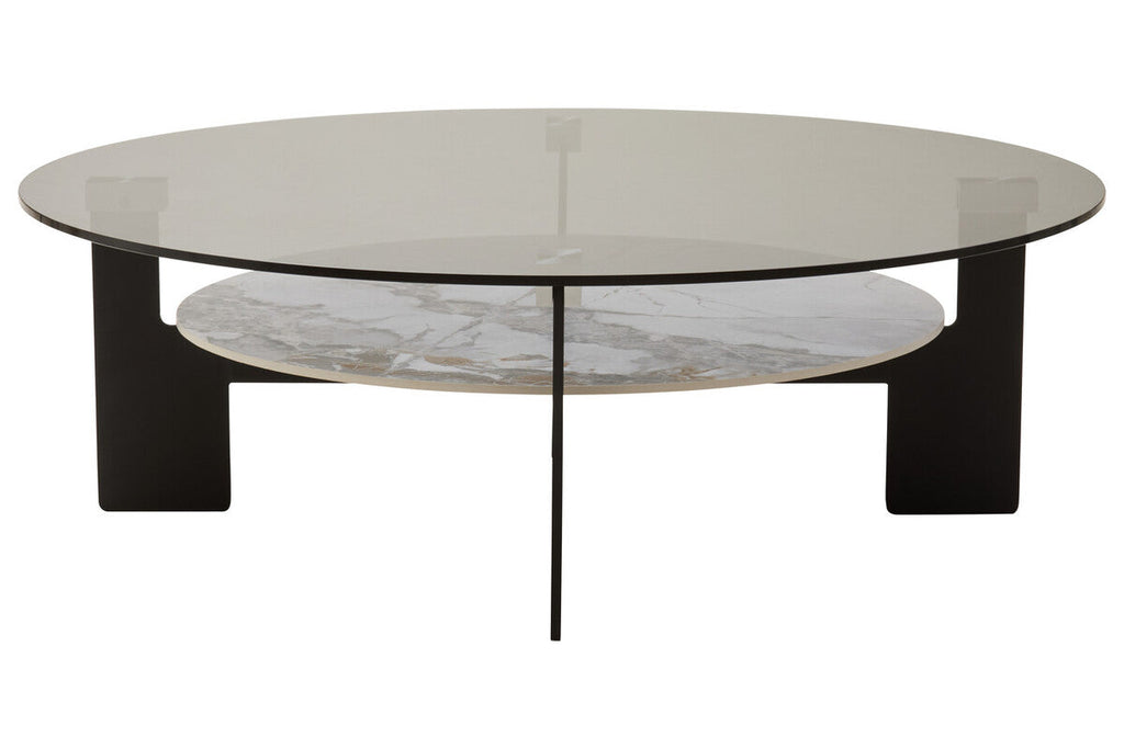 Grey Glass Large Round Top Coffee Table with Marble Effect Ceramic Lower Shelf and Black Metal Frame, Imperia