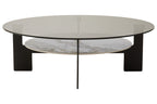 Grey Glass Large Round Top Coffee Table with Marble Effect Ceramic Lower Shelf and Black Metal Frame, Imperia