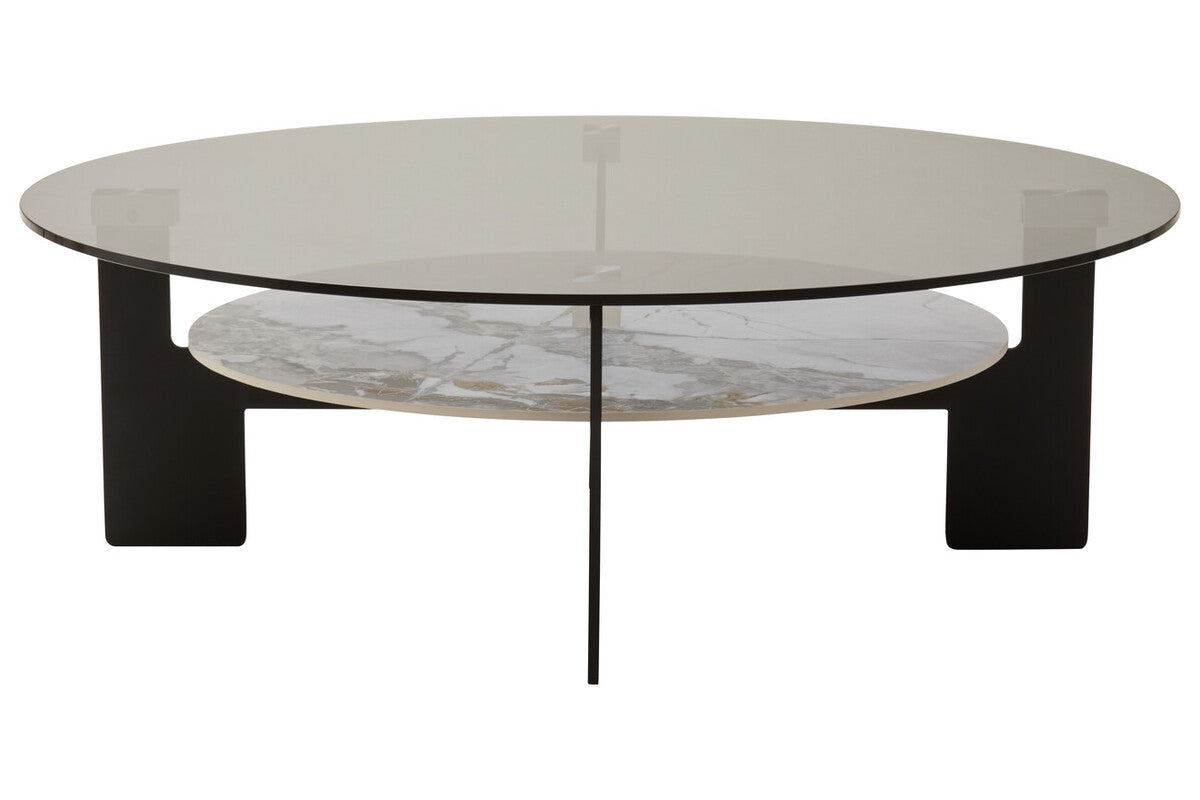 Grey Glass Large Round Top Coffee Table with Marble Effect Ceramic Lower Shelf and Black Metal Frame, Imperia