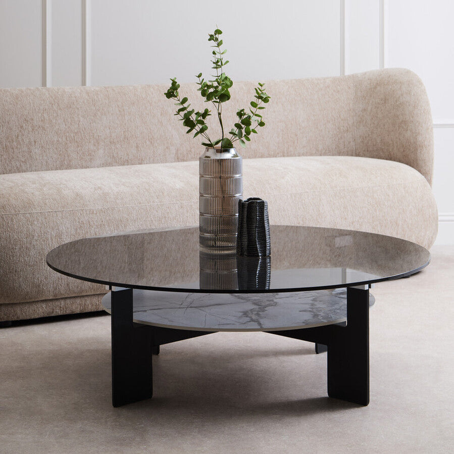 Grey Glass Large Round Top Coffee Table with Marble Effect Ceramic Lower Shelf and Black Metal Frame, Imperia