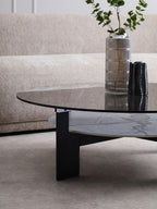 Grey Glass Large Round Top Coffee Table with Marble Effect Ceramic Lower Shelf and Black Metal Frame, Imperia