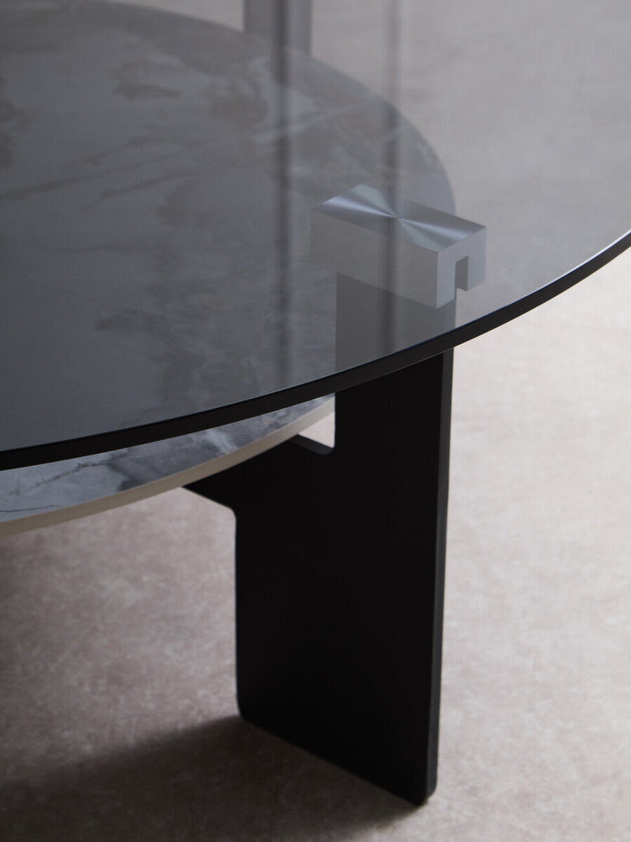 Grey Glass Large Round Top Coffee Table with Marble Effect Ceramic Lower Shelf and Black Metal Frame, Imperia