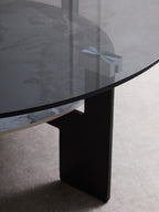 Grey Glass Large Round Top Coffee Table with Marble Effect Ceramic Lower Shelf and Black Metal Frame, Imperia