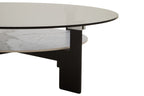 Grey Glass Large Round Top Coffee Table with Marble Effect Ceramic Lower Shelf and Black Metal Frame, Imperia