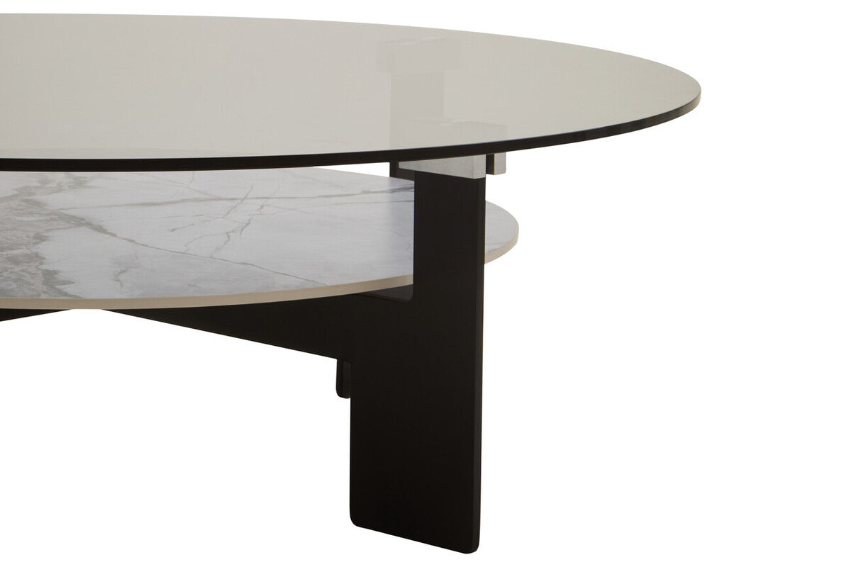 Grey Glass Large Round Top Coffee Table with Marble Effect Ceramic Lower Shelf and Black Metal Frame, Imperia