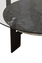 Grey Glass Large Round Top Coffee Table with Marble Effect Ceramic Lower Shelf and Black Metal Frame, Imperia