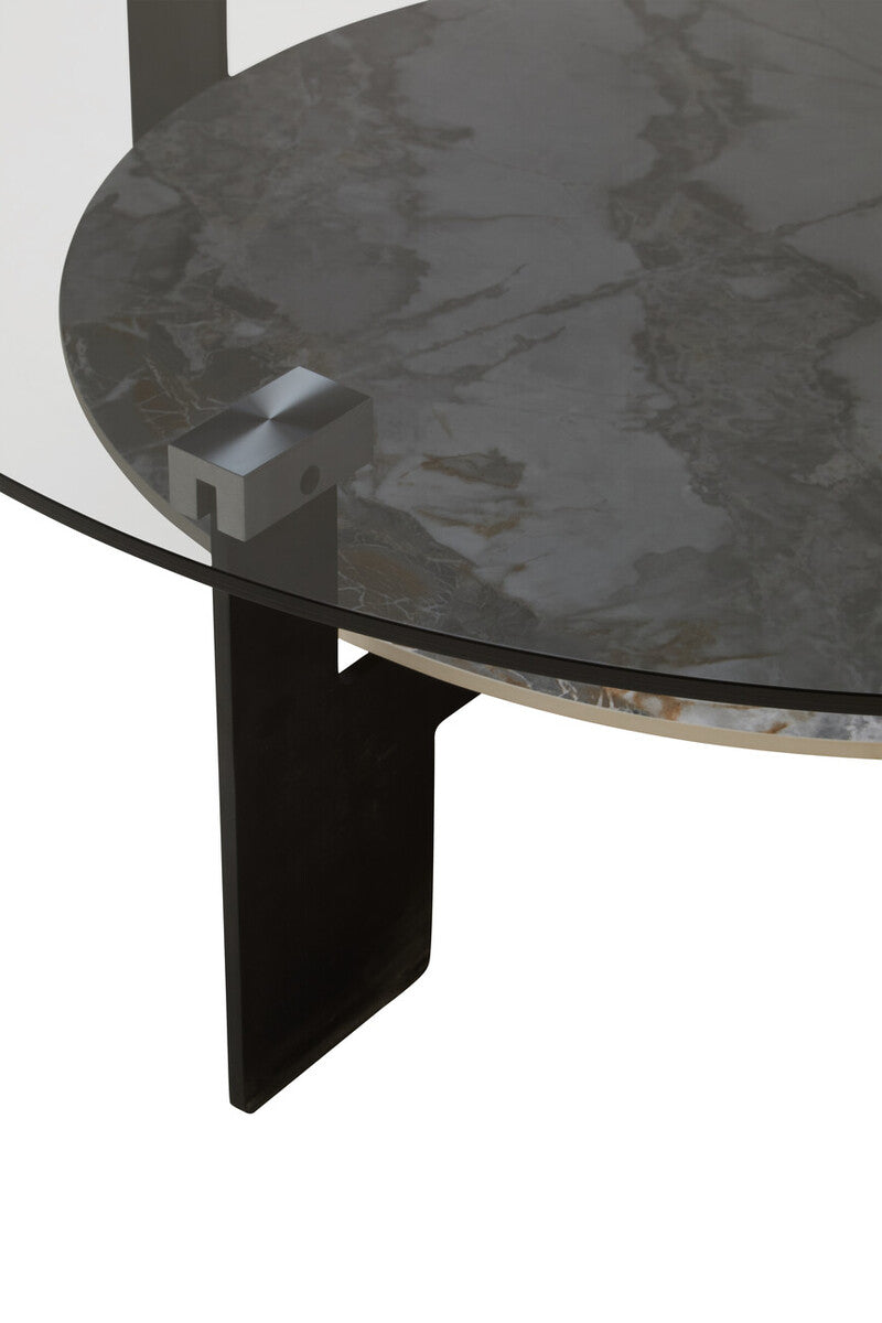 Grey Glass Large Round Top Coffee Table with Marble Effect Ceramic Lower Shelf and Black Metal Frame, Imperia