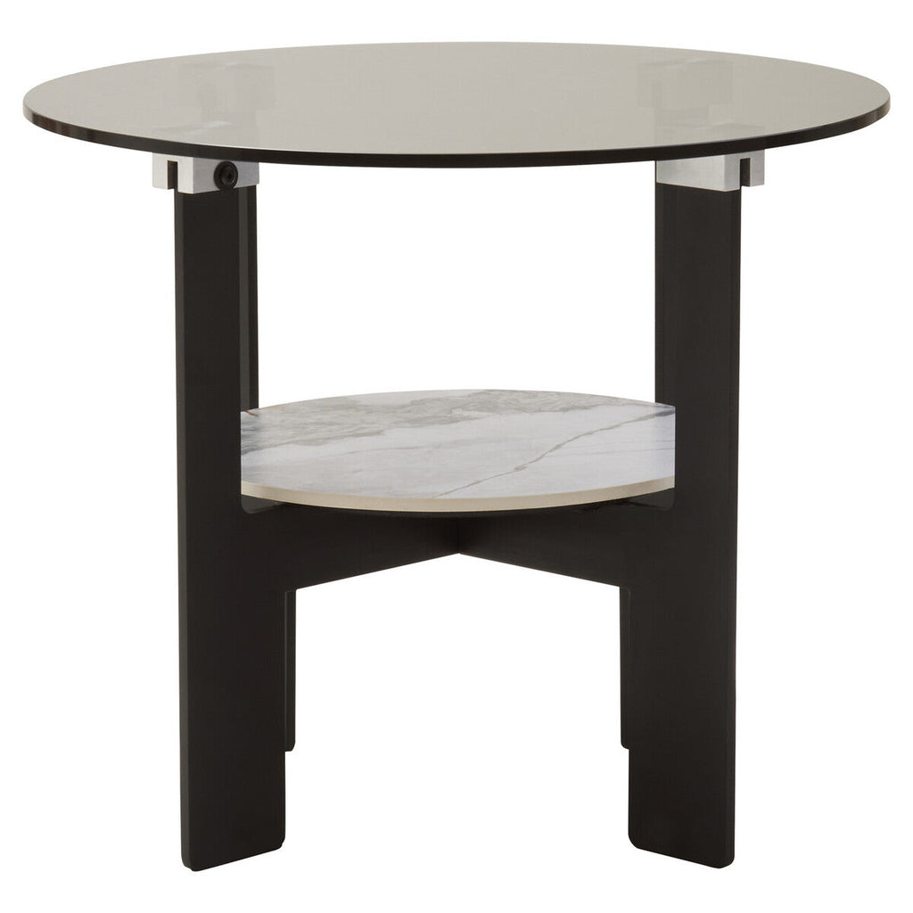 Grey Glass Round Top Coffee Table with Marble Effect Ceramic Shelf and Black Metal Legs | Imperia