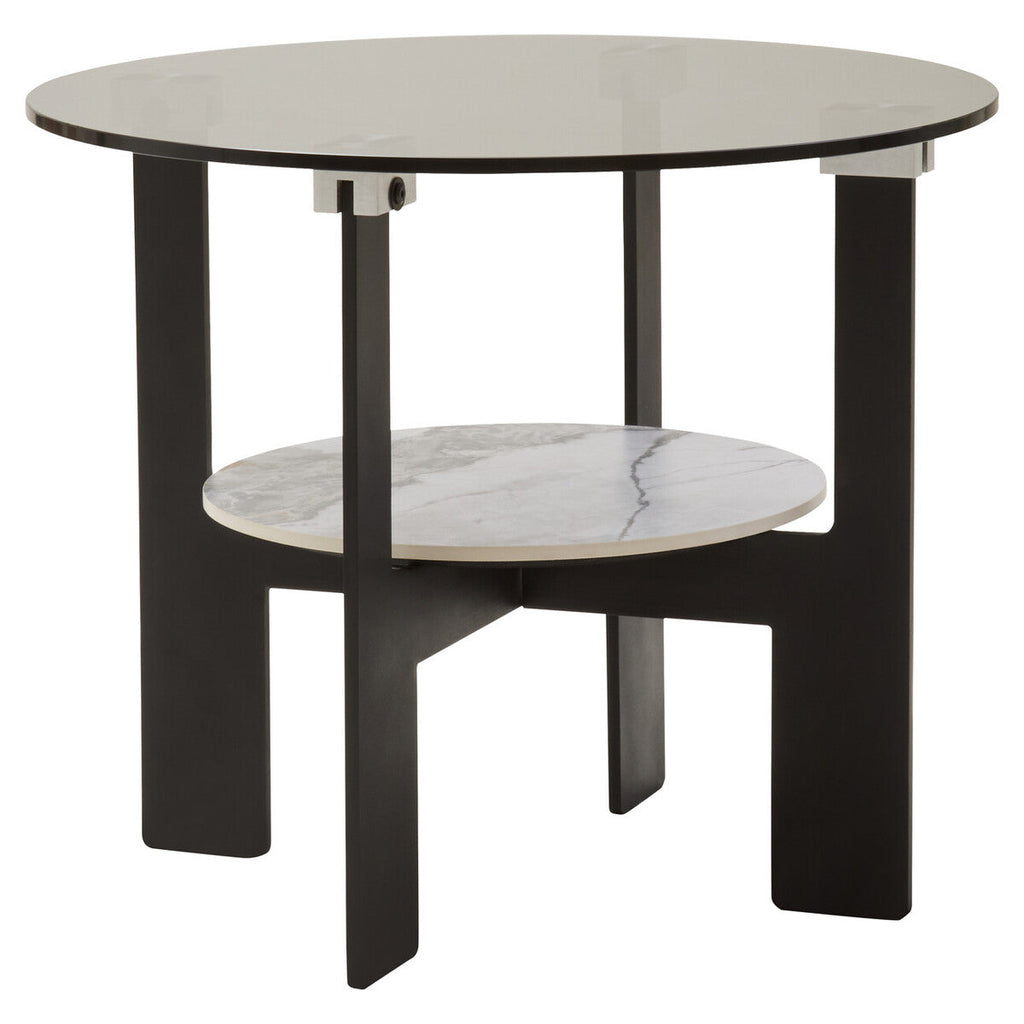 Grey Glass Round Top Coffee Table with Marble Effect Ceramic Shelf and Black Metal Legs | Imperia