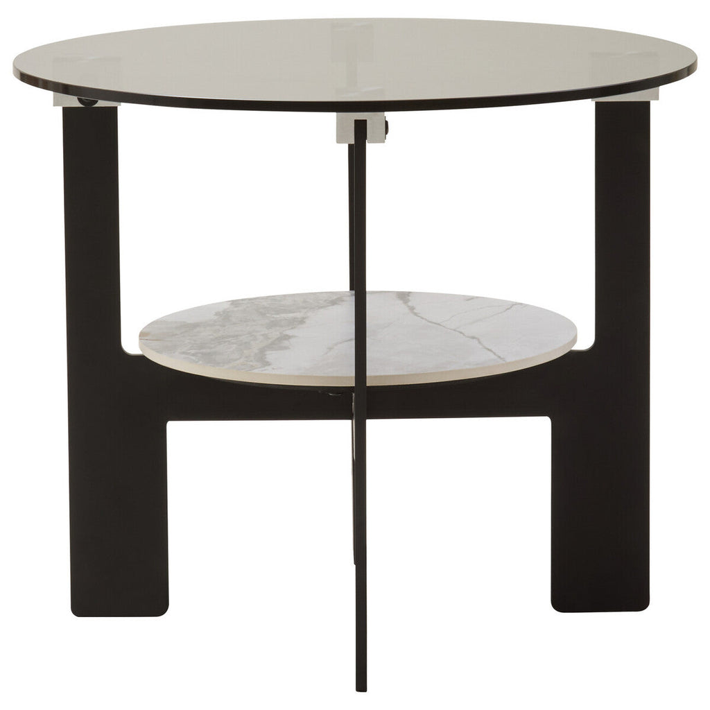 Grey Glass Round Top Coffee Table with Marble Effect Ceramic Shelf and Black Metal Legs | Imperia