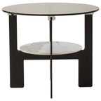 Grey Glass Round Top Coffee Table with Marble Effect Ceramic Shelf and Black Metal Legs | Imperia