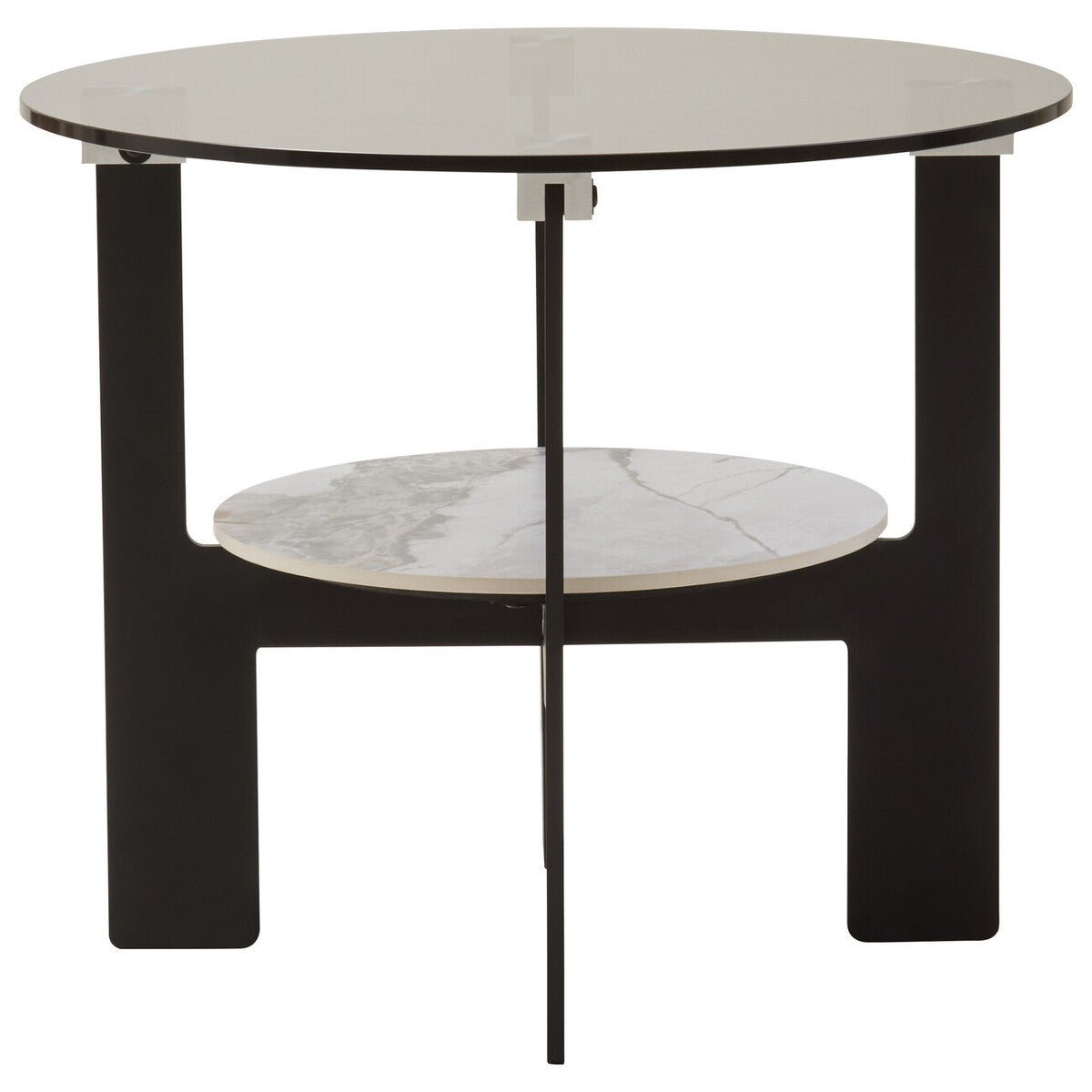 Grey Glass Round Top Coffee Table with Marble Effect Ceramic Shelf and Black Metal Legs | Imperia