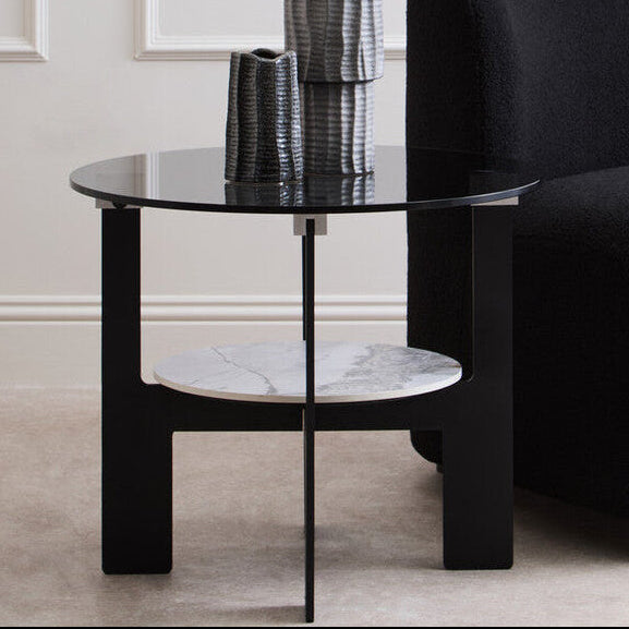 Grey Glass Round Top Coffee Table with Marble Effect Ceramic Shelf and Black Metal Legs | Imperia