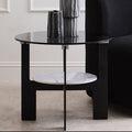 Grey Glass Round Top Coffee Table with Marble Effect Ceramic Shelf and Black Metal Legs | Imperia