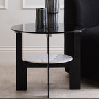 Grey Glass Round Top Coffee Table with Marble Effect Ceramic Shelf and Black Metal Legs | Imperia