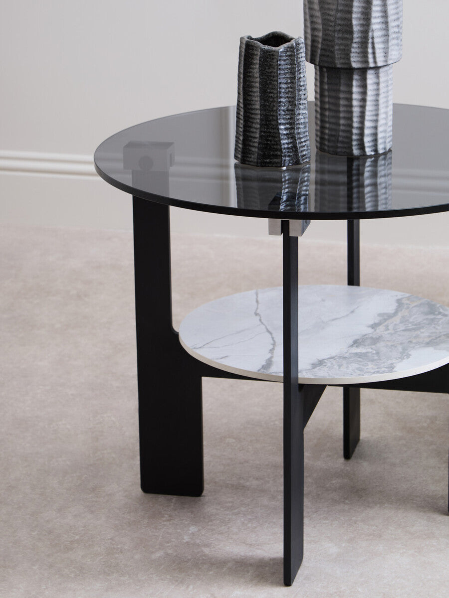 Grey Glass Round Top Coffee Table with Marble Effect Ceramic Shelf and Black Metal Legs | Imperia