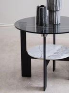 Grey Glass Round Top Coffee Table with Marble Effect Ceramic Shelf and Black Metal Legs | Imperia