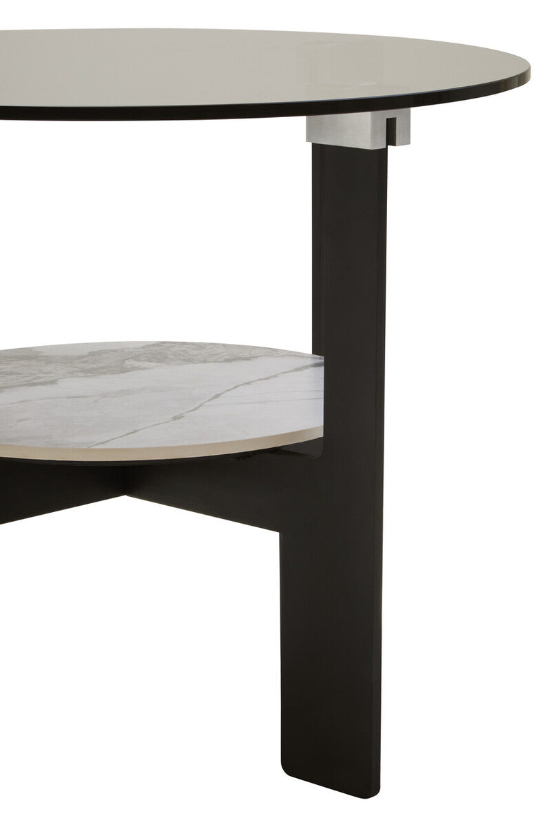 Grey Glass Round Top Coffee Table with Marble Effect Ceramic Shelf and Black Metal Legs | Imperia