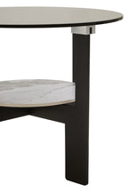 Grey Glass Round Top Coffee Table with Marble Effect Ceramic Shelf and Black Metal Legs | Imperia