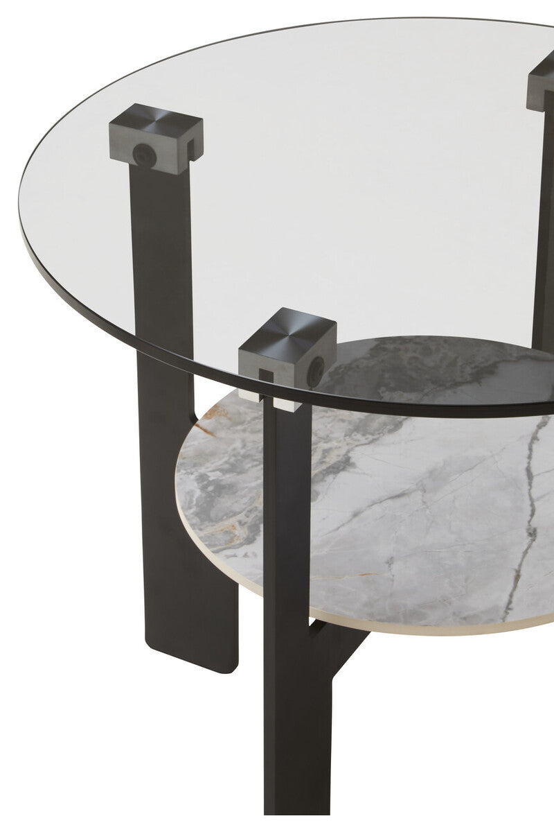 Grey Glass Round Top Coffee Table with Marble Effect Ceramic Shelf and Black Metal Legs | Imperia