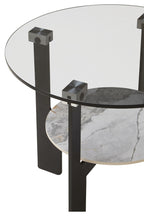Grey Glass Round Top Coffee Table with Marble Effect Ceramic Shelf and Black Metal Legs | Imperia