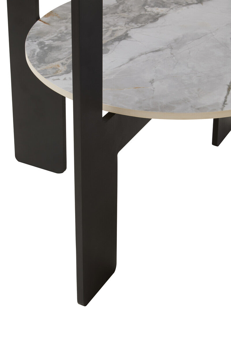 Grey Glass Round Top Coffee Table with Marble Effect Ceramic Shelf and Black Metal Legs | Imperia