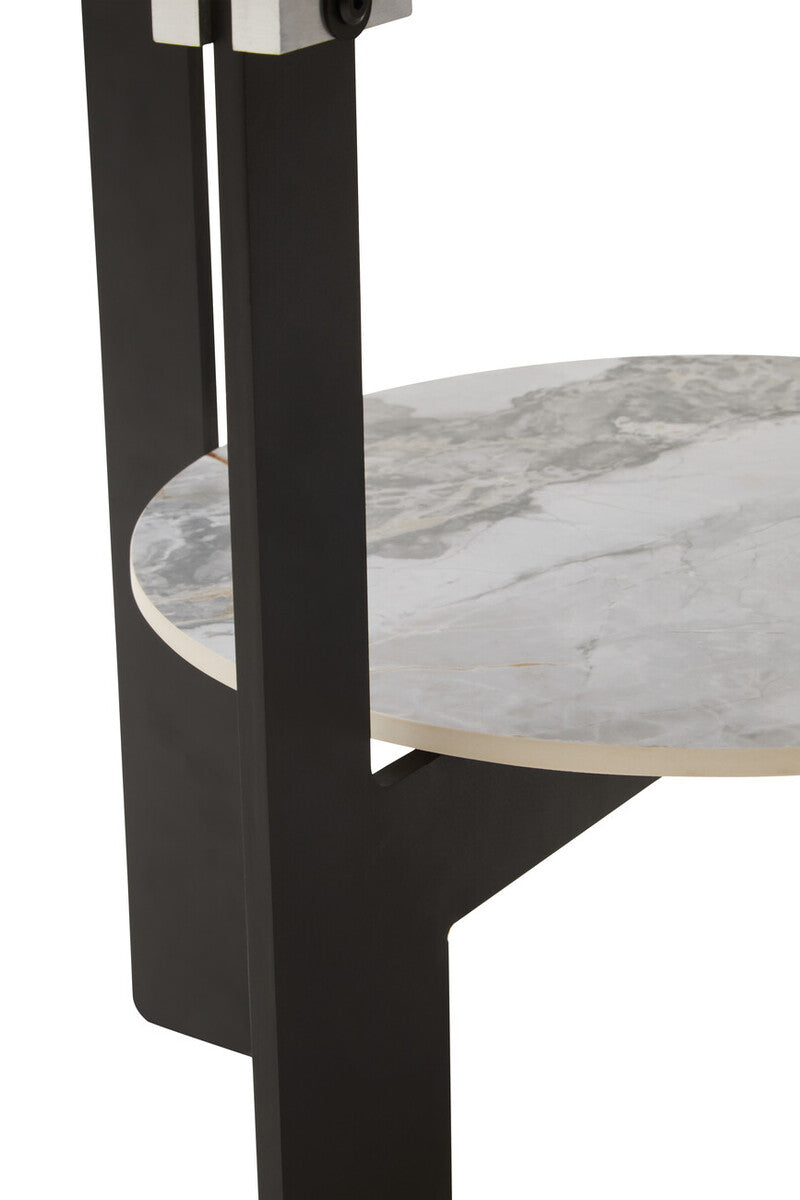 Grey Glass Round Top Coffee Table with Marble Effect Ceramic Shelf and Black Metal Legs | Imperia