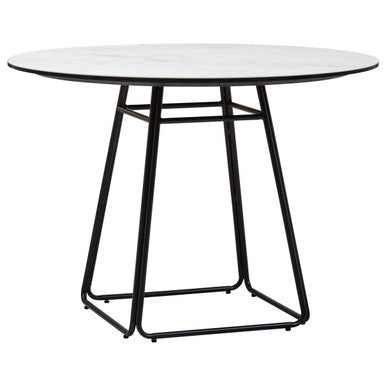 White Ceramic Marble Effect Round Top Dining Table with Black Metal Base | Imperia