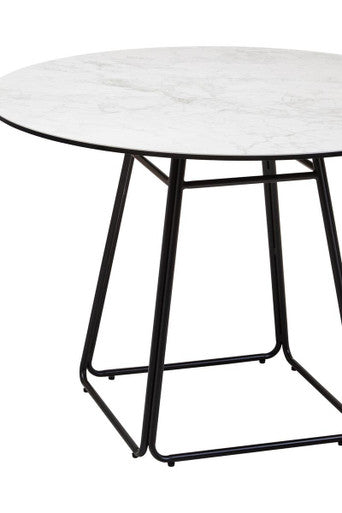 White Ceramic Marble Effect Round Top Dining Table with Black Metal Base | Imperia