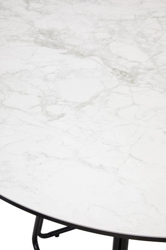 White Ceramic Marble Effect Round Top Dining Table with Black Metal Base | Imperia