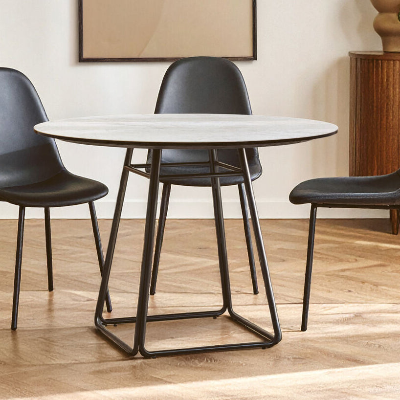 White Ceramic Marble Effect Round Top Dining Table with Black Metal Base | Imperia