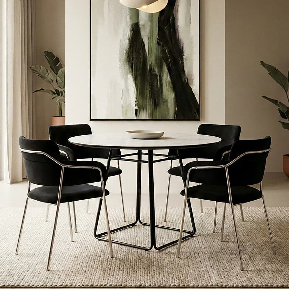 White Ceramic Marble Effect Round Top Dining Table with Black Metal Base | Imperia