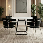 White Ceramic Marble Effect Round Top Dining Table with Black Metal Base | Imperia
