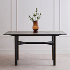Grey Marble Effect Ceramic Top Dining Table with Black Metal Legs and Gold Detail | Imperia