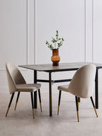 Grey Marble Effect Ceramic Top Dining Table with Black Metal Legs and Gold Detail | Imperia