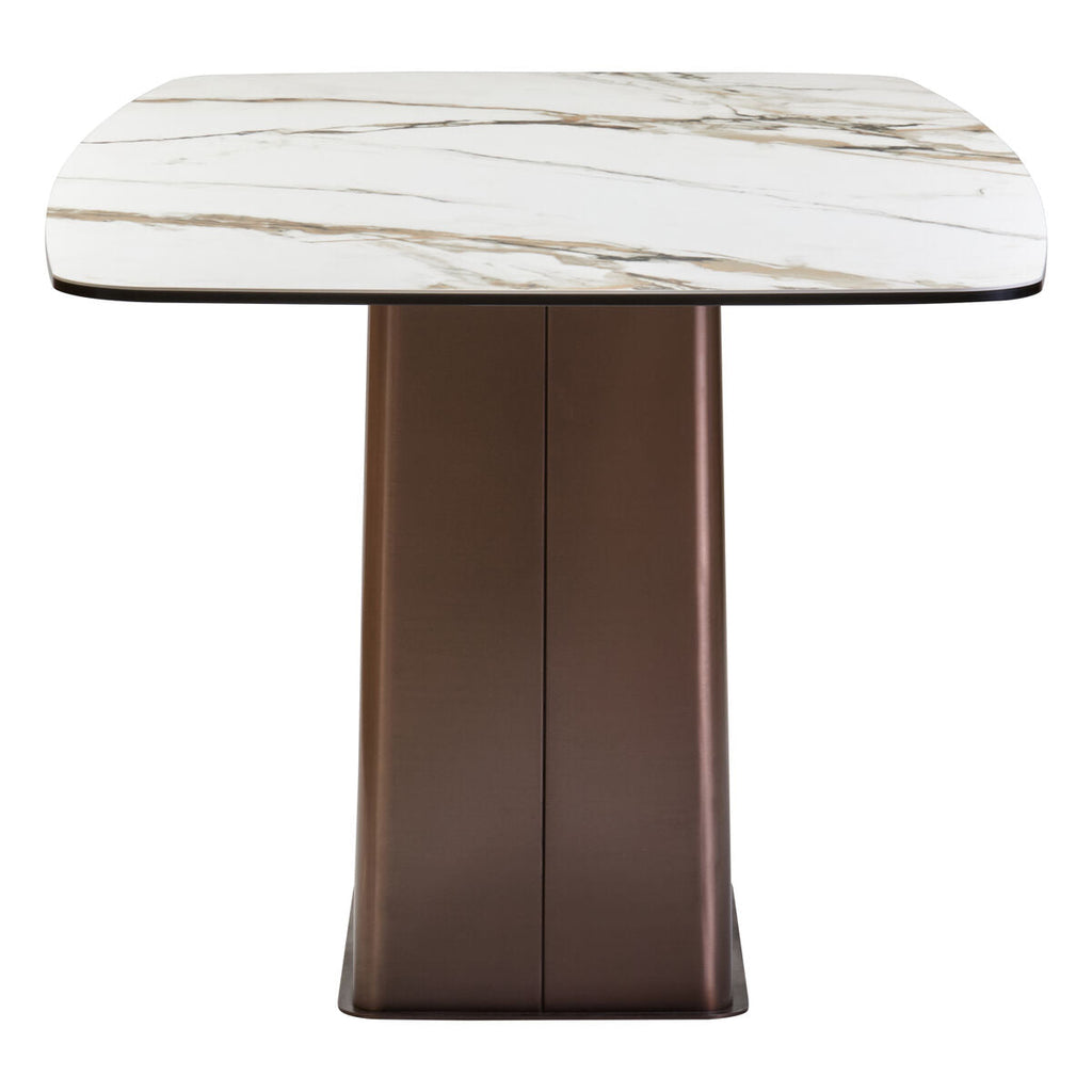White Marble Effect Ceramic Rectangular Dining Table with Brushed Bronze Steel Column Base, Imperia