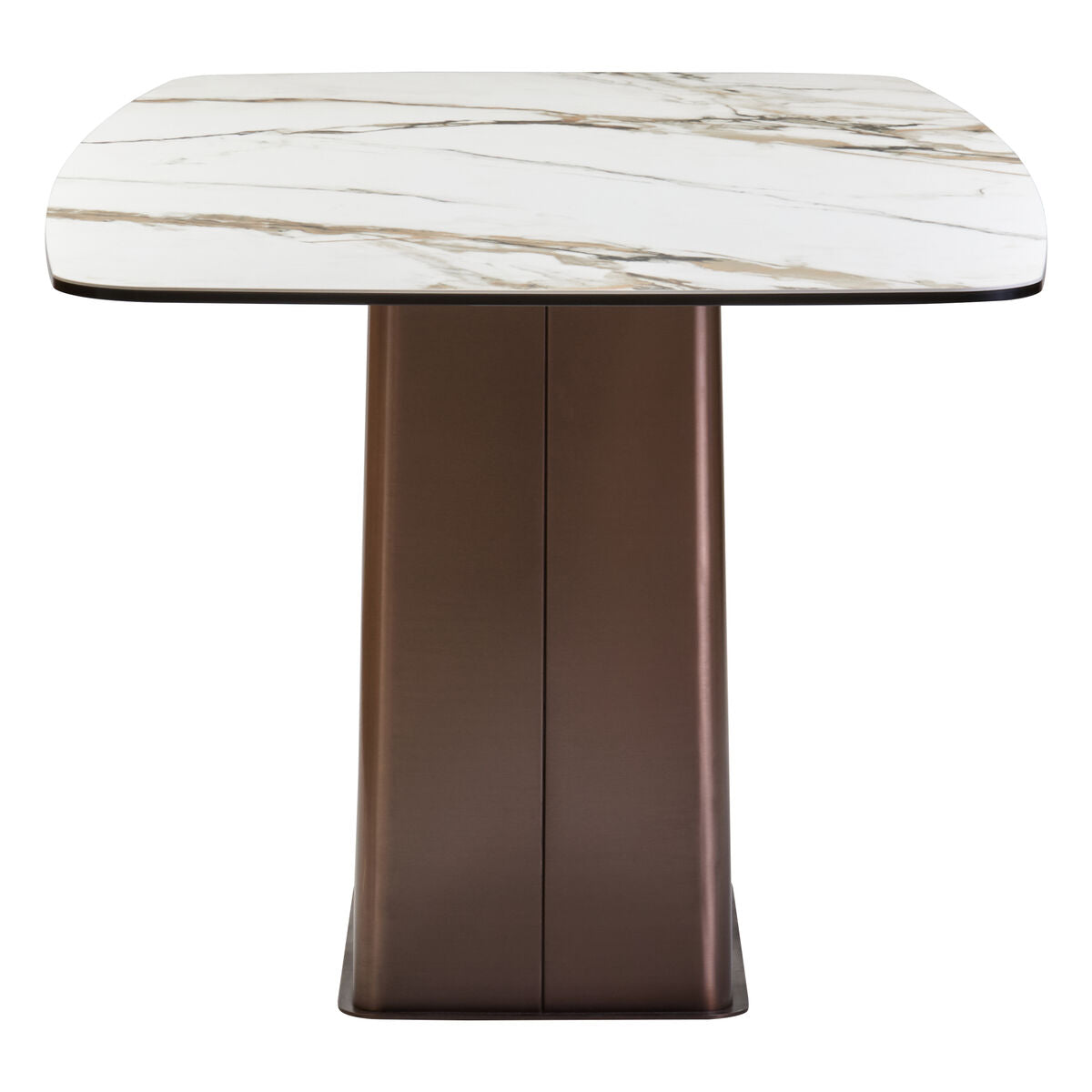 White Marble Effect Ceramic Rectangular Dining Table with Brushed Bronze Steel Column Base, Imperia