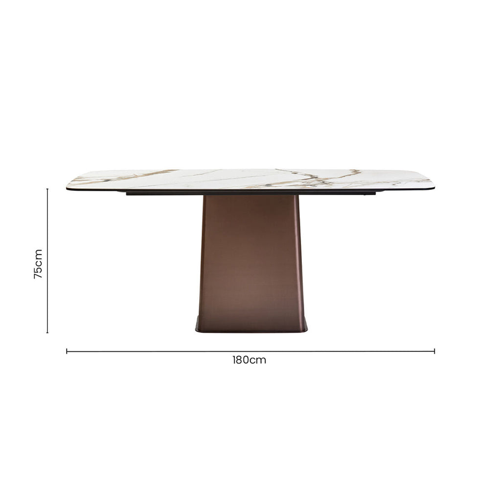 White Marble Effect Ceramic Rectangular Dining Table with Brushed Bronze Steel Column Base, Imperia