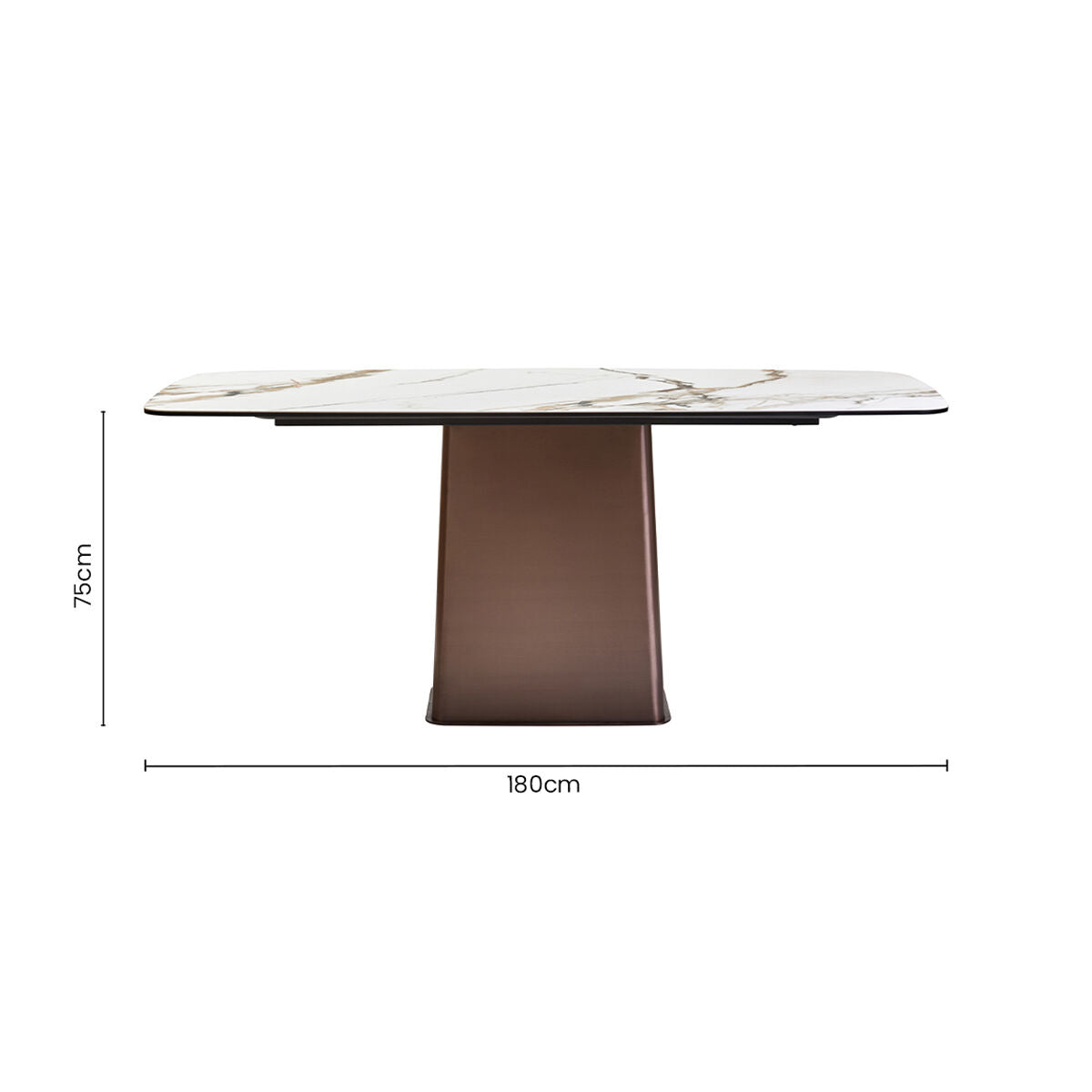 White Marble Effect Ceramic Rectangular Dining Table with Brushed Bronze Steel Column Base, Imperia
