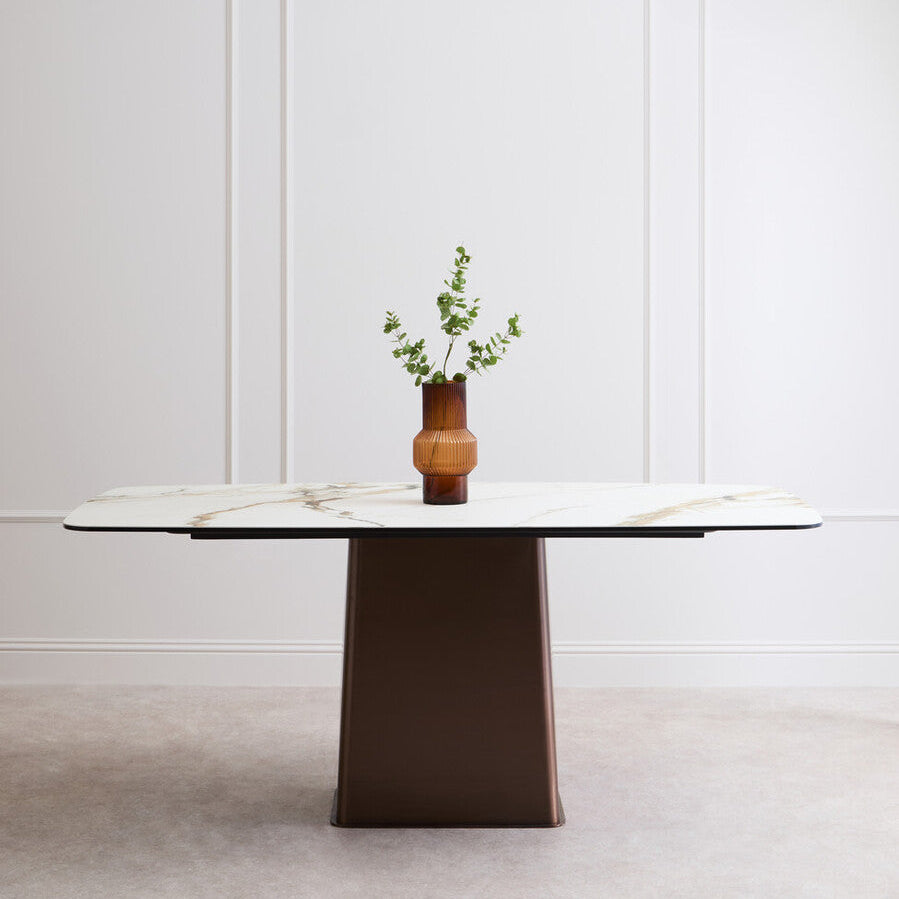 White Marble Effect Ceramic Rectangular Dining Table with Brushed Bronze Steel Column Base, Imperia