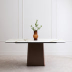 White Marble Effect Ceramic Rectangular Dining Table with Brushed Bronze Steel Column Base, Imperia