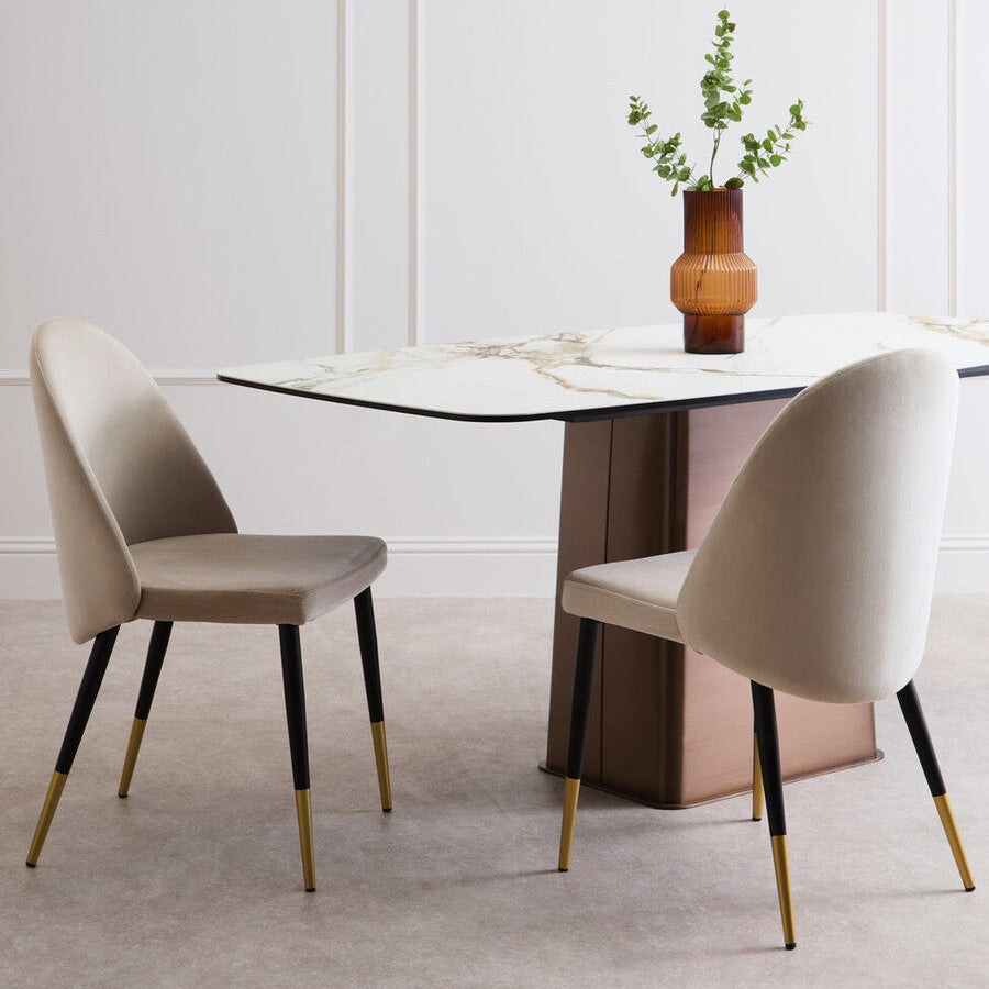 White Marble Effect Ceramic Rectangular Dining Table with Brushed Bronze Steel Column Base, Imperia