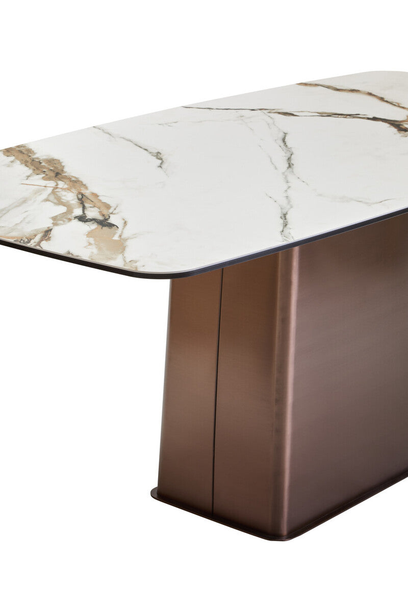 White Marble Effect Ceramic Rectangular Dining Table with Brushed Bronze Steel Column Base, Imperia