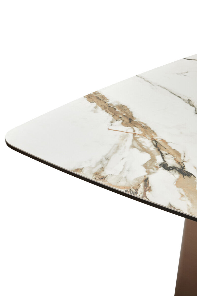 White Marble Effect Ceramic Rectangular Dining Table with Brushed Bronze Steel Column Base, Imperia