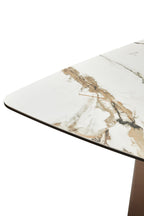 White Marble Effect Ceramic Rectangular Dining Table with Brushed Bronze Steel Column Base, Imperia