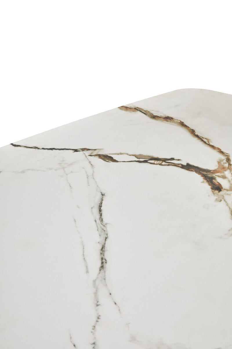 White Marble Effect Ceramic Rectangular Dining Table with Brushed Bronze Steel Column Base, Imperia