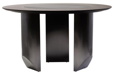 Black Round Veneer Dining Table with Integrated Ceramic Lazy Susan and Brushed Steel Legs, Imperia