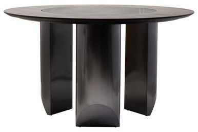Black Round Veneer Dining Table with Integrated Ceramic Lazy Susan and Brushed Steel Legs, Imperia