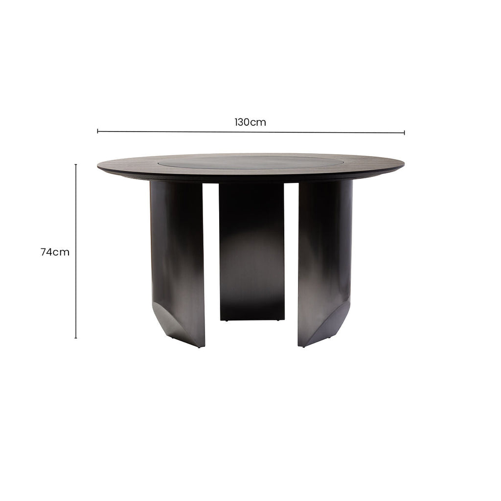 Black Round Veneer Dining Table with Integrated Ceramic Lazy Susan and Brushed Steel Legs, Imperia